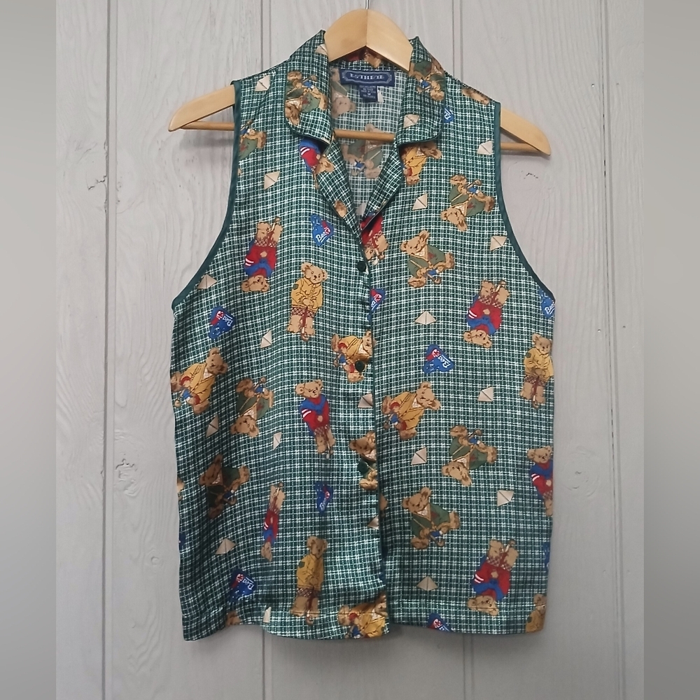 Green Vest Vintage Teddy Bear Wearing Cardigan Print Plaid Button Down Size M - Picture 1 of 4
